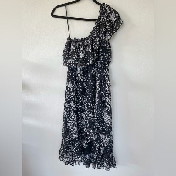 NWT Lulus Black Floral Print Ruffled One Shoulder Midi Dress (Small) - Picture 1 of 7